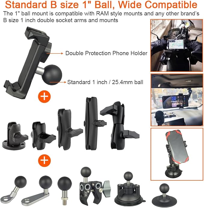 Aluminum 1"(25mm) Ball Mount Phone Holder Compatible with RAM mounts B size1 Inch Ball Double Socket Arm, Dual Protection Motorcycle Bike Handlebar Car Phone Holder with 1 Inch Ball