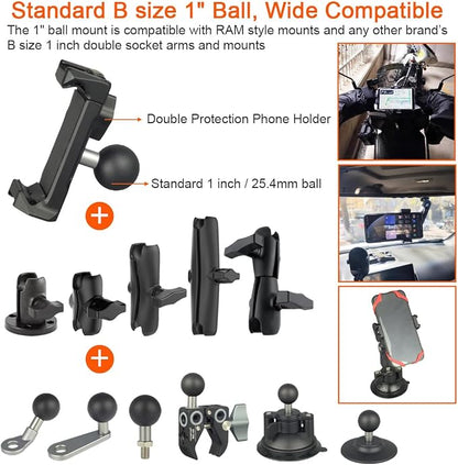 Aluminum 1"(25mm) Ball Mount Phone Holder Compatible with RAM mounts B size1 Inch Ball Double Socket Arm, Dual Protection Motorcycle Bike Handlebar Car Phone Holder with 1 Inch Ball