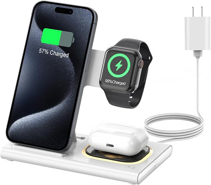 3 in 1 Foldable Charging Station for Apple Products,Wireless Charger for iPhone 17 16 15 14 13 12 Pro Max,Travel Dock Adapter&Light for iWatch Series 11 10 9 Ultra 3/2 SE 3/2,for AirPods 4 3 2 Pro 3/2