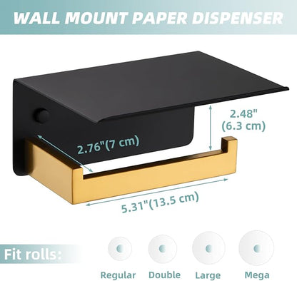 Toilet Paper Holder with Phone Shelf Black & Gold, APLusee 304 Stainless Steel Tissue Roll Dispenser Storage, Bathroom Accessories Wall Mounted