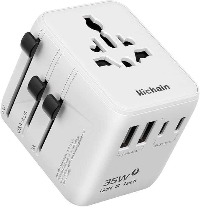 Hichain 35W Universal Travel Adapter, 7-in-1 International Power Adapter | Fast Charging Adapter for Europe Plug Universal Power Block, GaN Travel Adapter Worldwide Portable Plug for EU, UK, US, AUS