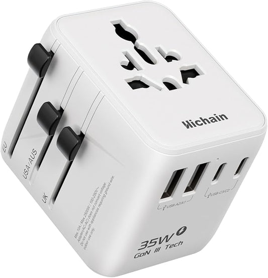 Hichain 35W Universal Travel Adapter, 7-in-1 International Power Adapter | Fast Charging Adapter for Europe Plug Universal Power Block, GaN Travel Adapter Worldwide Portable Plug for EU, UK, US, AUS