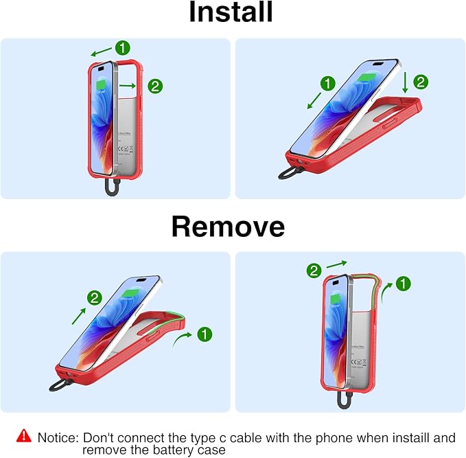 GIN FOXI Battery Case for iPhone 15 Pro Max/15 Plus, Rechargeable Charging Case 8000mAh 15W Ultra Slim Portable Extended Power Bank Case Cover Juice Box Built-in Cable, Red(6.7”)