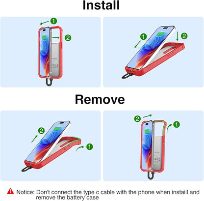 GIN FOXI Battery Case for iPhone 15 Pro Max/15 Plus, Rechargeable Charging Case 8000mAh 15W Ultra Slim Portable Extended Power Bank Case Cover Juice Box Built-in Cable, Red(6.7”)