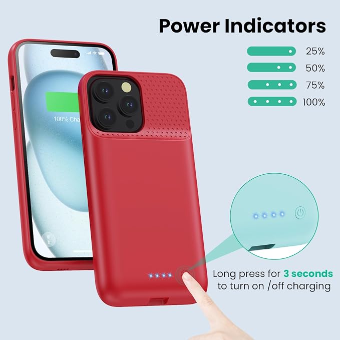 Battery Case for iPhone 15 Pro Max,Powerful 8600mah Ultra-Slim Protective Charging Case,15W Fast Charging Portable Rechargeable Expandable Battery Charger Cover for iPhone 15 Pro Max(6.7inch)-Red