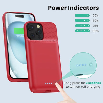 Battery Case for iPhone 15 Pro Max,Powerful 8600mah Ultra-Slim Protective Charging Case,15W Fast Charging Portable Rechargeable Expandable Battery Charger Cover for iPhone 15 Pro Max(6.7inch)-Red