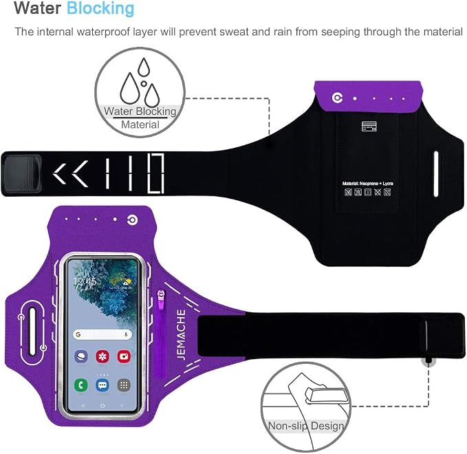 JEMACHE Armband for Samsung Galaxy S26 S25 S24 S23 S22 Ultra/Plus/FE, Gym Running Workouts Arm Band with Earbuds Holder (Purple)