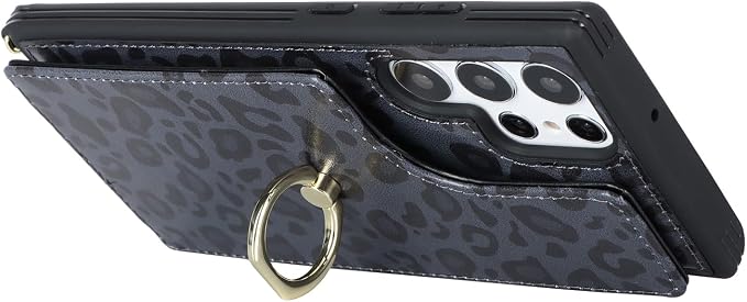 Lipvina for Samsung Galaxy S22 Ultra Case with Card Holder and Strap for Women,Crossbody Lanyard,RFID Blocking,Ring Stand,Snap Clasp,Cute Phone Wallet Cases 6.8 inch(Black Leopard)