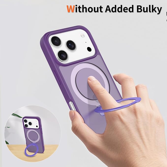 Ultra-Magnetic Stand for iPhone 17 Pro Max Case [Military Drop Protection] [Compatible with MagSafe] Shockproof Translucent Matte Slim Ring Holder Case for iPhone 17 Pro Max (Purple)