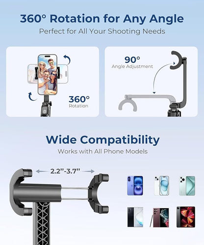 67” Selfie Stick Tripod for iPhone, Lightweight Travel Phone Tripod with Wireless Remote, Extendable Cell Phone Stand for Photography, Video & Live Streaming – Black