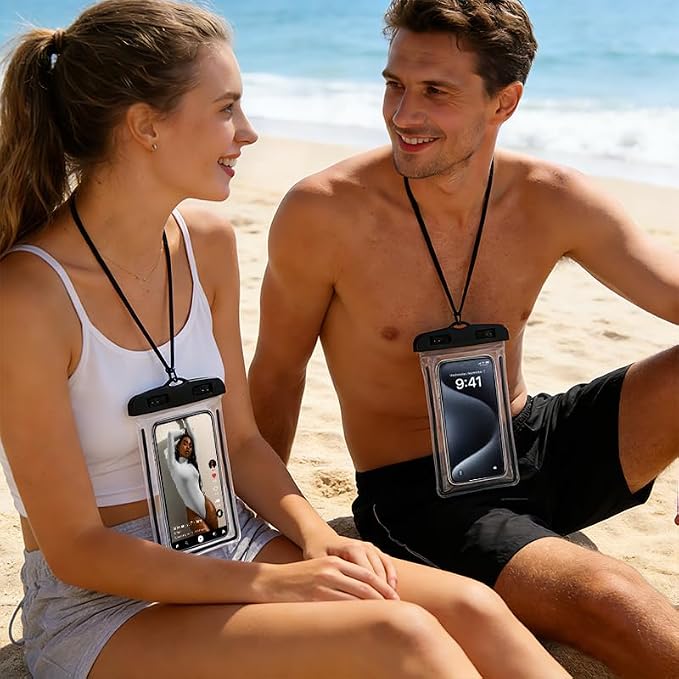 Waterproof Phone Pouch 2 Pack, IPX8 Universal Phone Dry Bag Case Floating Swimsuit Protector for Beach, Travel Essentials, Black+Pink