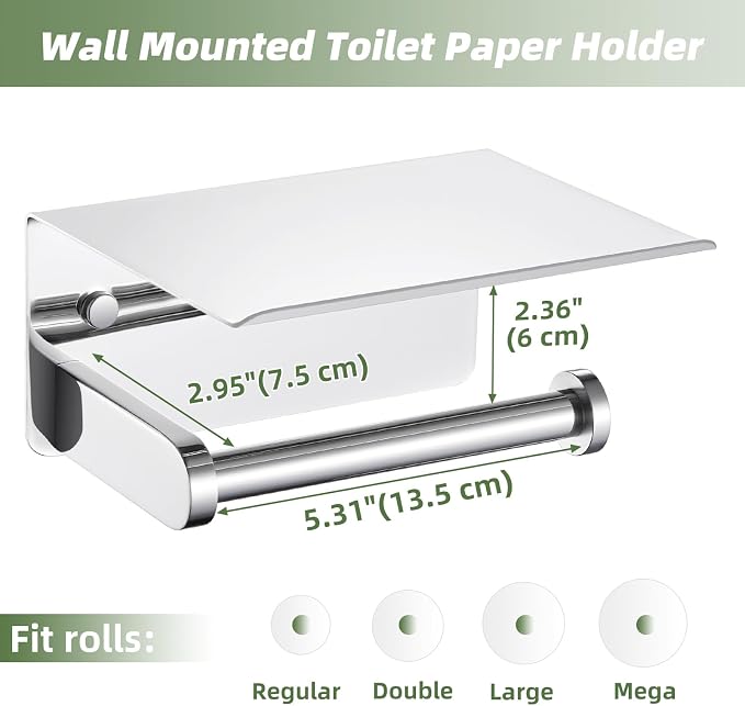 APLusee Toilet Paper Holder with Phone Shelf Polished Chrome, SUS 304 Stainless Steel Bathroom Accessories Tissue Roll Dispenser Storage Wall Mounted