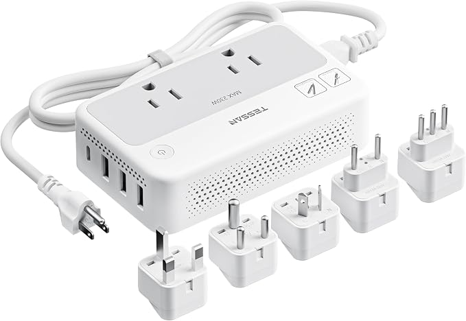 TESSAN 220V to 110V Voltage Converter | Universal Travel Power Adapter with Type C/G/D/I/L Plugs, 2 AC Outlets, 4 USB Ports (1 USB-C), 230W Max Step Down Transformer