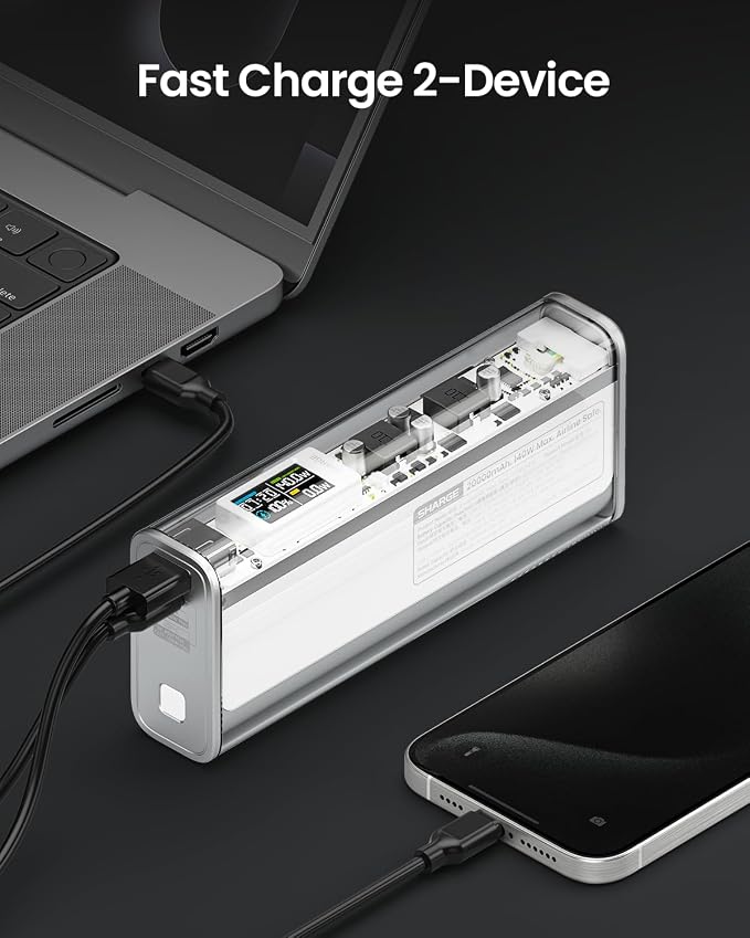 SHARGEEK 140 Power Bank, 20000mAh 140W Portable Charger, Transparent Battery Pack, Smart Display, PD3.0 for MacBook Pro iPhone 17/16/15/14 Series Google Pixel Steam Deck