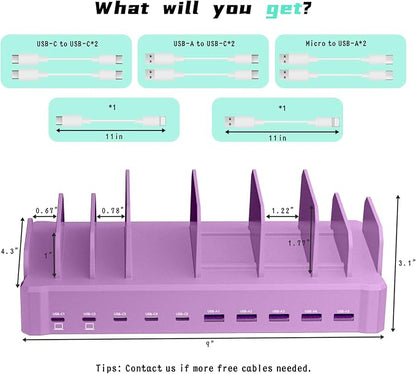 320W Charging Station for Multiple Devices, Zobirez 10-Port USB C Fast Charger Stations for MacBook, iPhone, Android Cell Phone, iPad, Tablet Family Multi-Device Organizer Charging Dock, Purple