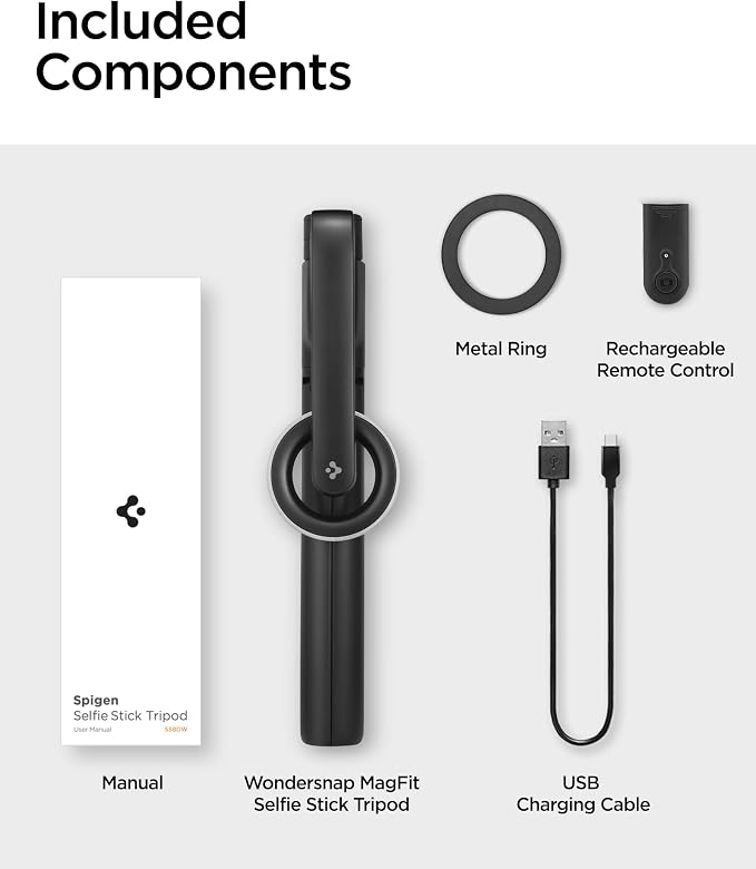 Spigen Selfie Stick Tripod Stand with Bluetooth Remote Control Shutter 47" Extendable Compatible with MagSafe iPhone 17/16/15/14/13/12 Pixelsnap Pixel 10 Series & More - Black (S580W)