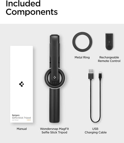 Spigen Selfie Stick Tripod Stand with Bluetooth Remote Control Shutter 47" Extendable Compatible with MagSafe iPhone 17/16/15/14/13/12 Pixelsnap Pixel 10 Series & More - Black (S580W)