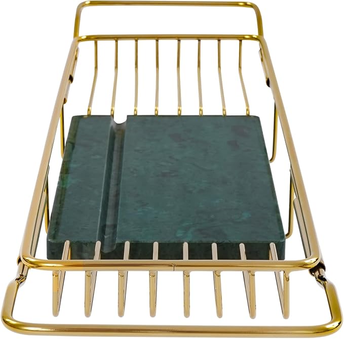 Expandable Bathtub Tray Caddy for Luxury Bath, Extra Wide Acrylic Tub Tray with Natural Marble Board, Waterproof Bath Tub Shelf for Phone, Wine, Book, Tablet Stand - Ideal Home Spa (Gold, Green)