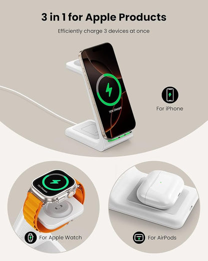 GEEKERA 3 in 1 Wireless Charging Station for Apple, Fast Wireless Charger Stand Dock for iPhone 17 16 15 14 13 12 11 Pro Max Plus XR XS X, Apple Watch Ultra/11/10/9/SE/8/7/6/5/4/3/2, AirPods Pro/4/3/2