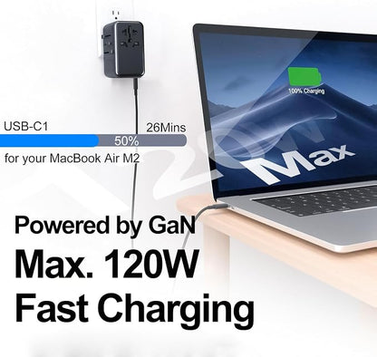 JMFONE Universal Travel Adapter GaN 120W, International Power Adapter with 4 USB-C & 1 USB-A & 2500W AC Outlet, Travel Charger for Europe UK US AU 200+ Countries, Fast Charging Laptops Tablets Phones