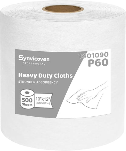 Jumbo Roll Industrial Cleaning Wipes, Super Absorbent Heavy Duty Cloths, White (1 Roll of 500 Sheets, 12"x 10" Each Sheet)