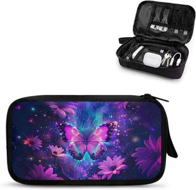 Purple Floral Butterfly Print Electronic Organizer Travel Universal Accessories Storage Bag Portable for Hard Drives, Cables, Memory Sticks, Charger, Phone, USB, SD Cards
