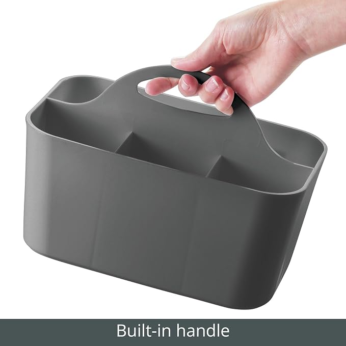 mDesign Small Plastic Shower/Bath Storage Organizer Caddy Tote with Handle for Dorm, Shelf, Cabinet - Hold Soap, Shampoo, Conditioner, Combs, Brushes, Lumiere Collection, Dark Gray (Pack of 2)