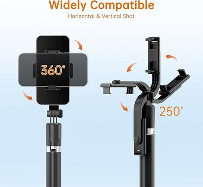 67" Selfie Stick Tripod, Portable Cell Phone Tripod with Wireless Remote Control, 360° Rotating Extendable All-in-1 Travel Stand for Selfies Video Recording, Compatible with iOS/Android, Silver Black