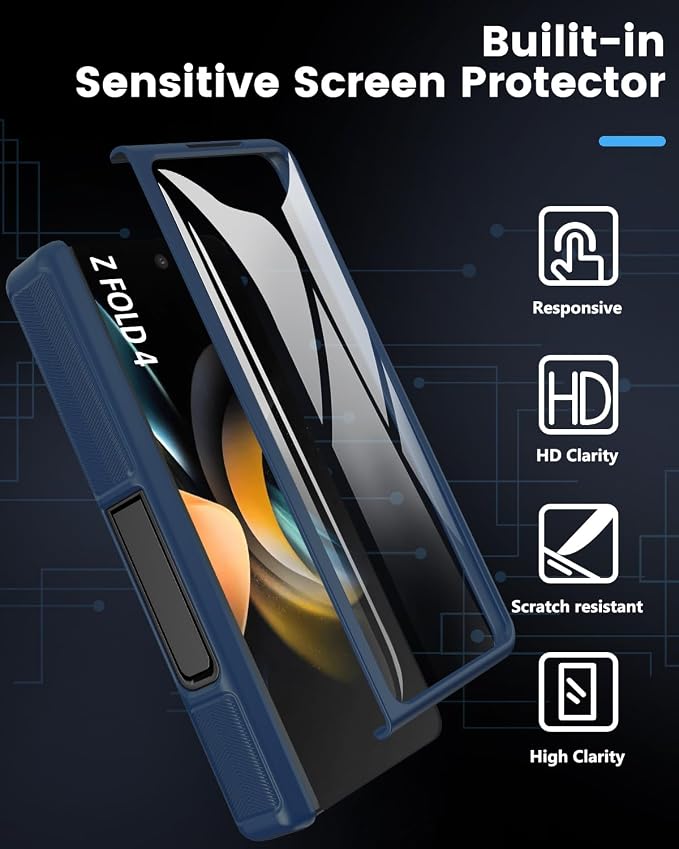 Viaotaily Kickstand Designed for Galaxy Z Fold 4 Case, Built-in Card Holder & Camera Cover & Hinge Protection, Upgrade Shockproof Durable Wallet Rugged Phone Case for Galaxy Z Fold4 2022,Blue