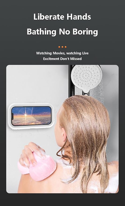 Shower Phone Holder Waterproof - 360° Bathroom Wall Phone Mount Stand Water Proof Anti Fog Case, Suitable for Phones Under 7 inches(Gold Pink)