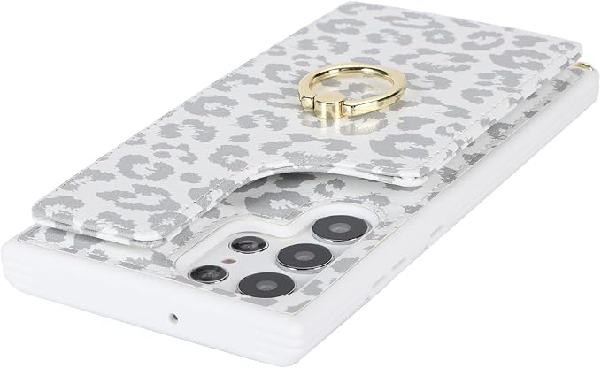 Lipvina for Samsung Galaxy S22 Ultra Case with Card Holder and Strap for Women,Crossbody Lanyard,RFID Blocking,Ring Stand,Snap Clasp,Cute Phone Wallet Cases 6.8 inch(White Leopard)