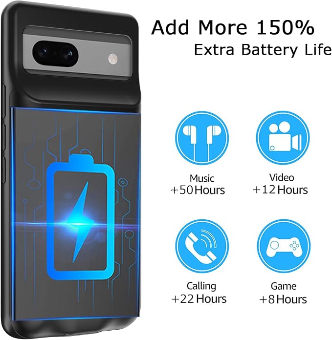 Battery Case for Pixel 7a, Upgraded 10000mAh Battery Pack Rechargeable Charger Case with Wireless Charging Compatible for Pixel 7a(6.1 inch) External Battery Charging Cover(Black)