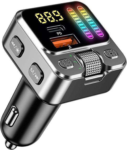 Bluetooth 5.3 Car Adapter with FM Transmitter & 42W PD Fast Charging, Wireless AUX/USB Music Receiver, Hands-Free Calls, Beat Sync LED Lights for Car Stereo, Compatible with All 12V-24V Vehicles