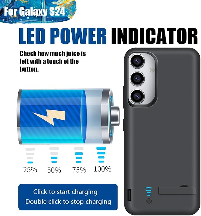 Sitong Upgraded Battery Case for Samsung Galaxy S24, 5000mAh Rechargeable Extended Battery Charging Charger Case, Add 100% Extra Juice, Not Compatible with S24+ or S24 Ultra (6.2 inch) Black