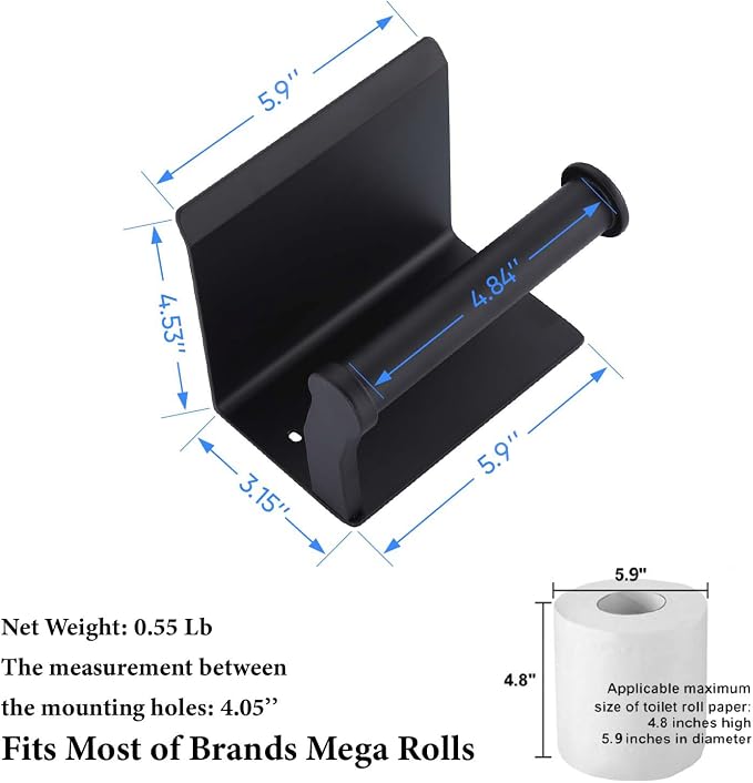 Toilet Paper Holder with Phone Shelf, Self Adhesive Aluminum Tissue Roll Dispenser for Mega Roll, Wall Mounted Toilet Paper Roll Holder for Bathroom, Matte Black