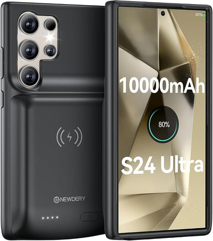 NEWDERY Battery Case for Samsung S24 Ultra,10000mAh Qi Wireless Charging, 18W Fast Recharging, Portable Rechargeable Charger Case Battery Pack for Galaxy S24 Ultra 5G 6.8“ Black