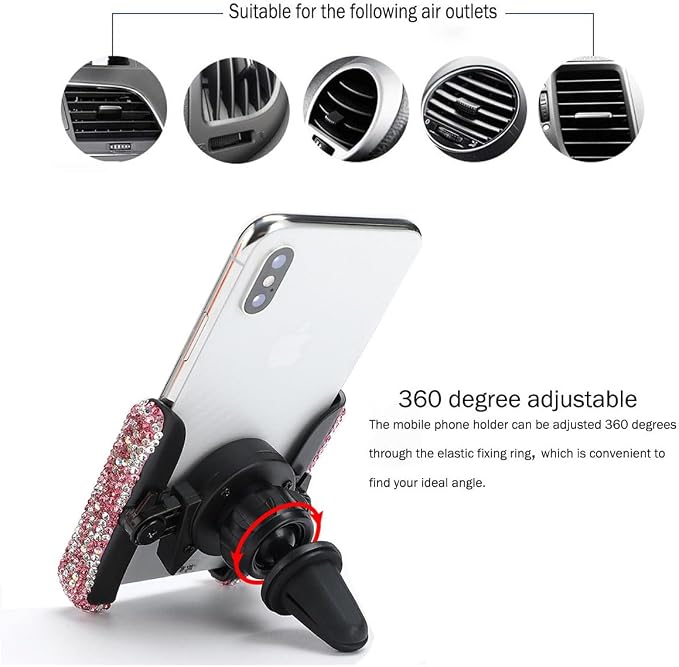 SUNCARACCL Bling Car Phone Holder - Mini Dash Air Vent Automatic Phone Mount - Universal 360Adjustable Crystal Auto Car Stand - Pink