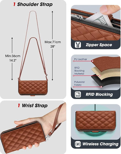 OCASE for iPhone 17 Pro Max Crossbody Wallet Case - Stylish PU Leather Handbag Phone Purse with Zipper Closure, Card Slots & RFID Blocking - Wrist Strap, Lanyard, Kickstand - Diamond Check Brown