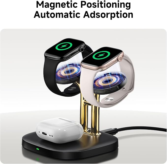 Dual Watch Charger with Fast Charging for Apple Watch, SwanScout 704A, 3-in-1 Wireless Charging Station Stand for Apple Watch Ultra 3/11/10, Wireless Charger Dock for AirPods Pro 3/4/3 (Black & Gold)