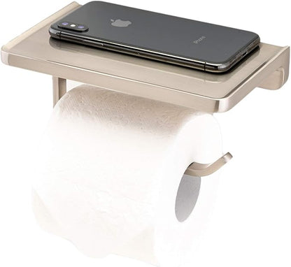 Linkaa Brushed Nickel Toilet Paper Holder with Shelf,Wall Mount Bath Tissue Holder with Phone Holder, Rust-Proof，Bathroom Accessories Storage Shelf for Cell Phone(Brushed Nickel)