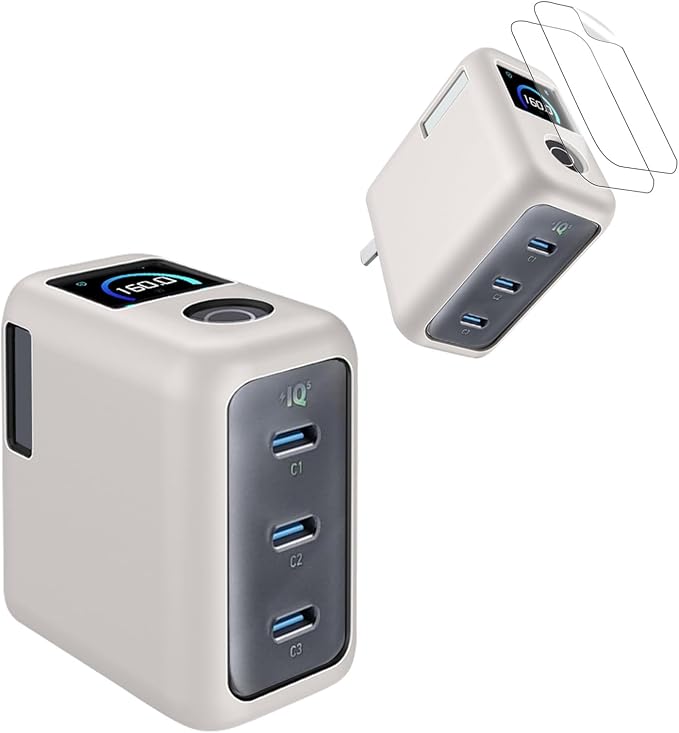 for Anker Prime 160W Charger Case [Gray] – Soft Silicone Protective Cover with Shockproof Dustproof Sleeve + 2 Screen Protectors for Anker Prime 160W 3-Port Compact Dynamic Charger