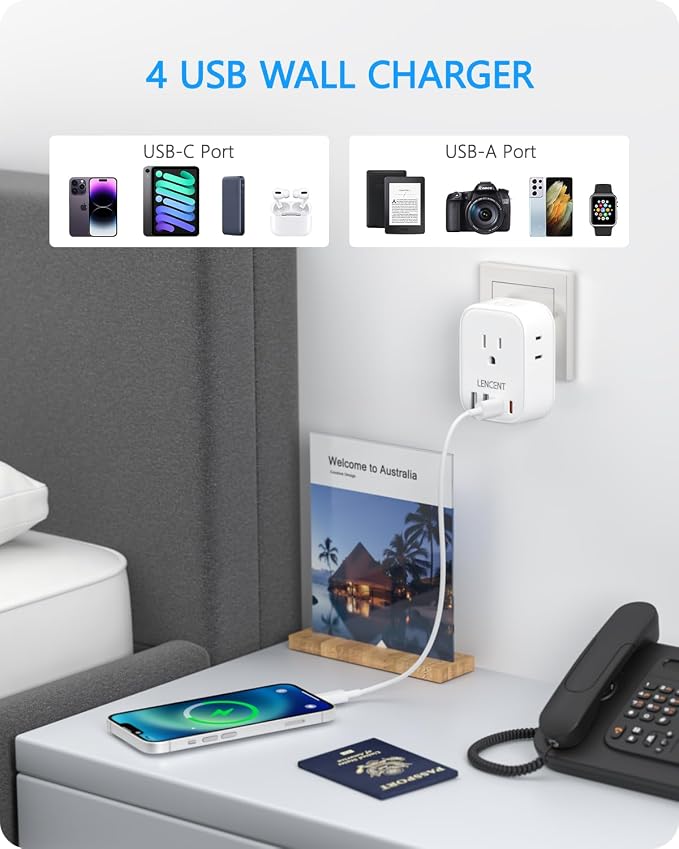 LENCENT Australia New Zealand Power Plug Adapter, US to Australia Adapter | Plug Adapter with 4 Outlets, 4 USB Ports(2 USB C), Type I Plug Converter for US to AU Argentina China Fiji, Travel Essentials