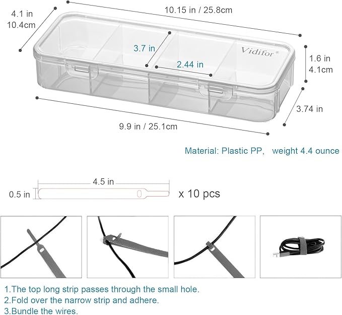 Vidifor 2-Pack Clear Cable Organizer Box with 16 Cable Ties, Portable Cord & Charger Storage for Drawer, Desk, Office & Home (2, Small)