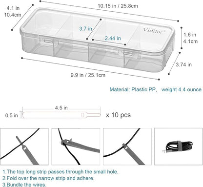 Vidifor 5-Pack Clear Cable Organizer Box with 40 Cable Ties, Portable Cord & Charger Storage for Drawer, Desk, Office & Home (5, Small)