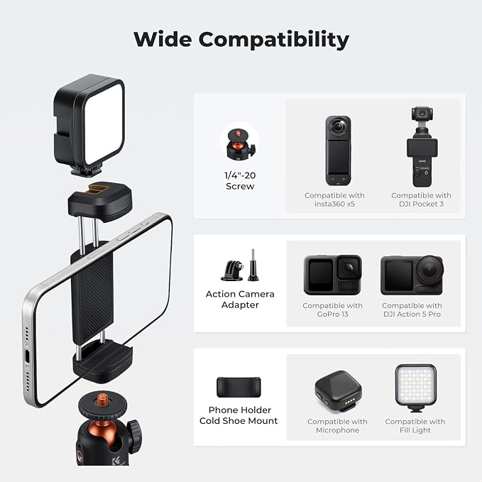 K&F CONCEPT 25.6'' Mini Selfie Stick Tripod Stand, 5 Levels 360° Ball Head Pocket Tripod with Cold Shoe, Small Tripod Compatible with DJI Osmo Pocket 3 Action 5 Pro GoPro Hero13 Smartphone.