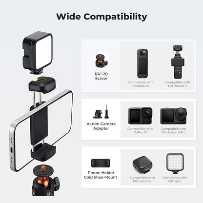 K&F CONCEPT 25.6'' Mini Selfie Stick Tripod Stand, 5 Levels 360° Ball Head Pocket Tripod with Cold Shoe, Small Tripod Compatible with DJI Osmo Pocket 3 Action 5 Pro GoPro Hero13 Smartphone.