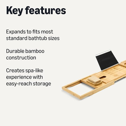 Amazon Basics Expandable Bamboo Bathtub Tray Caddy, 29.5-43 in, Spa Bath Organizer