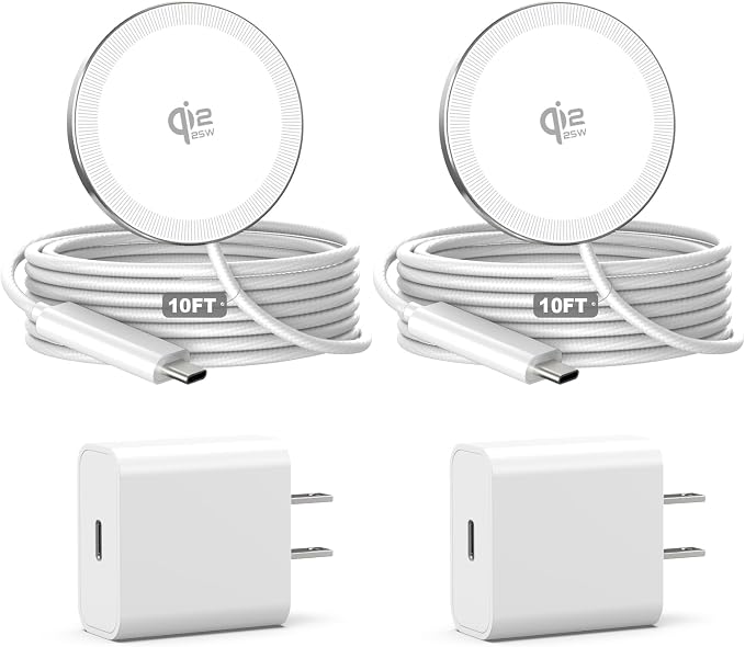 25W Magnetic Wireless Charger, 10FT Fast Charging Pad Qi2.2 Wireless Charge for iPhone 17 16 /AirPods3/2/Pro/for Galaxy S26 Ultra/Pixel 10 Series, Portable Charger for Desk& Travel(2Pack,White)