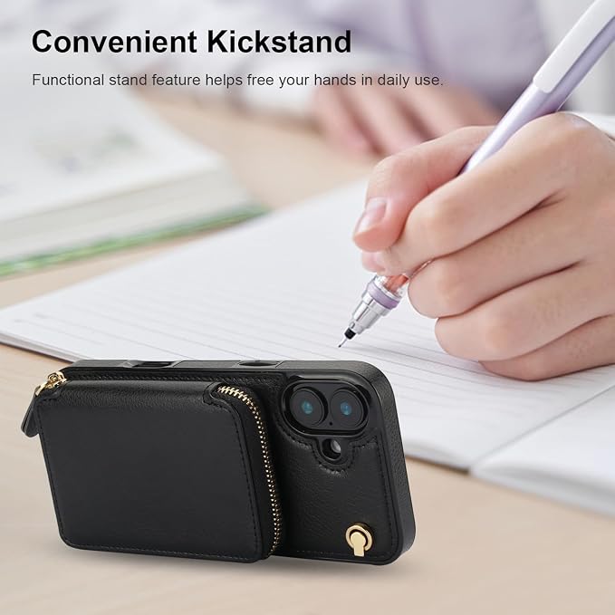 Bocasal Crossbody Wallet Case for iPhone 16 Plus, RFID Blocking Leather Purse Case with Card Holder, Protective Handbag Flip Cover with Zipper Wrist Strap Lanyard for Women 5G 6.7 Inch (Black)
