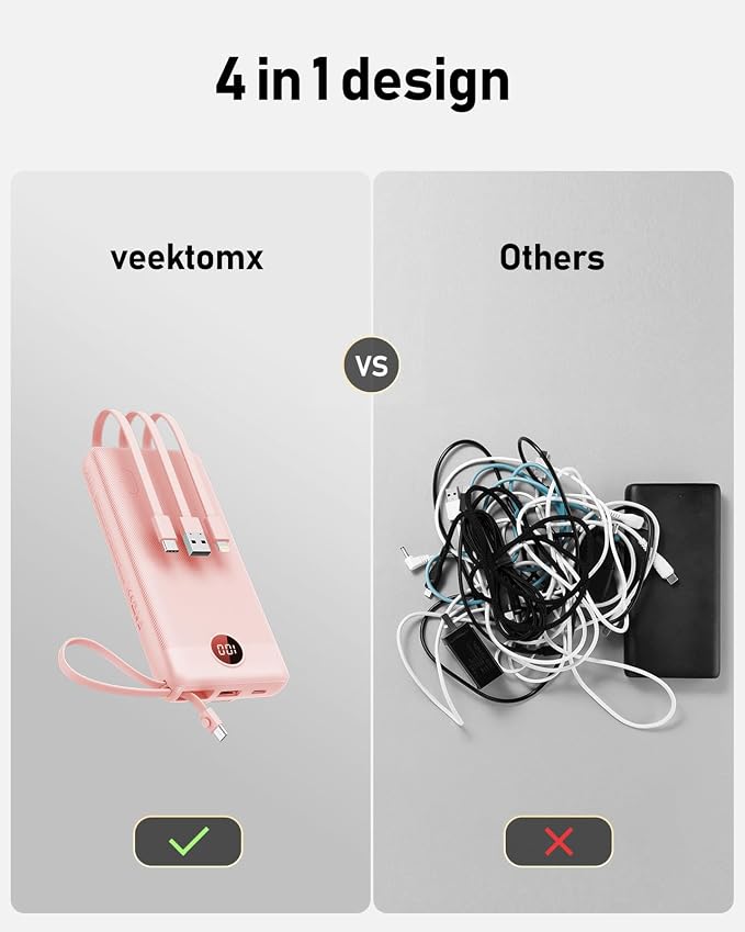 VEEKTOMX Portable Charger Built-in Cables, Power Bank for iPhone, Fast Charge USB C Battery Pack Travel Essentials Powerbank Compatible with iPhone 17/16/15/14, Samsung S25/24